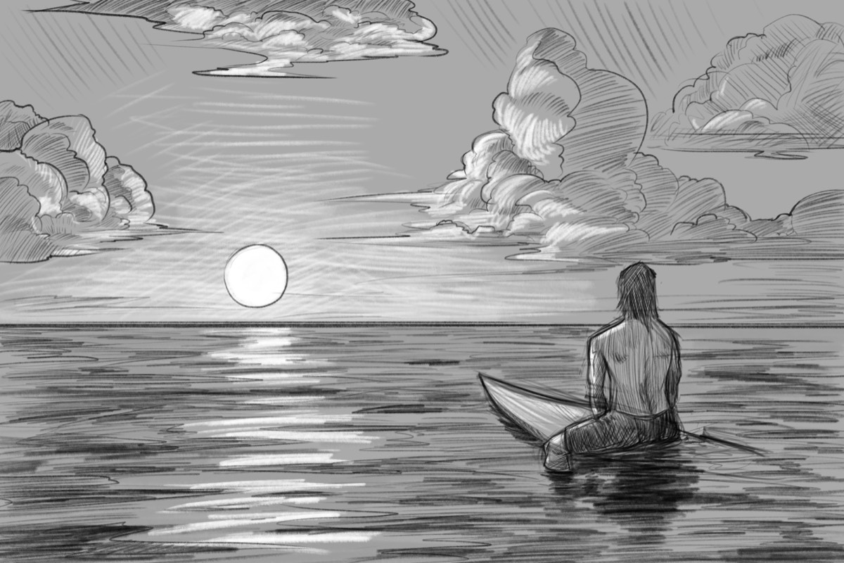 Hoa Han's pencil sketch of the Layback key art: a surfer sitting on his board watching the sunset